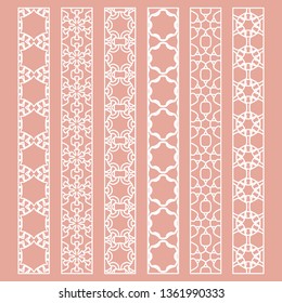 Vector set of line borders with geometric repeating texture. Isolated design elements for page decoration, headline, banners, wedding invitation cards. Fashion white lace collection