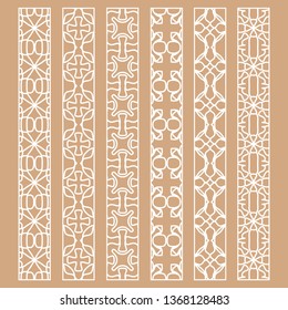 Vector set of line borders with geometric repeating texture. Isolated design elements for page decoration, headline, banners, wedding invitation cards. Fashion white lace collection