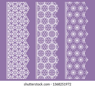 Vector set of line borders with geometric repeating texture. Isolated design elements for page decoration, headline, banners, wedding invitation cards. Fashion white lace collection