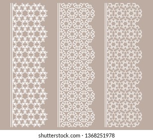 Vector set of line borders with geometric repeating texture. Isolated design elements for page decoration, headline, banners, wedding invitation cards. Fashion white lace collection