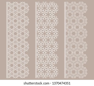 Vector set of line borders with geometric repeating texture. Isolated design elements for page decoration, headline, banners, wedding invitation cards. Fashion white lace collection