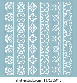 Vector set of line borders with geometric repeating texture. Isolated design elements for page decoration, headline, banners, wedding invitation cards. Fashion white lace collection