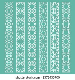 Vector set of line borders with geometric repeating texture. Isolated design elements for page decoration, headline, banners, wedding invitation cards. Fashion white lace collection