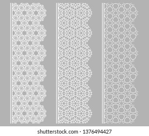 Vector set of line borders with geometric repeating texture. Isolated design elements for page decoration, headline, banners, wedding invitation cards. Fashion white lace collection