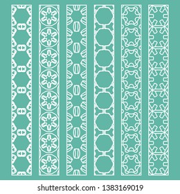 Vector set of line borders with geometric repeating texture. Isolated design elements for page decoration, headline, banners, wedding invitation cards. Fashion white lace collection