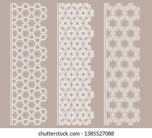 Vector set of line borders with geometric repeating texture. Isolated design elements for page decoration, headline, banners, wedding invitation cards. Fashion white lace collection