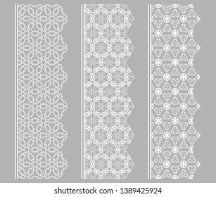 Vector set of line borders with geometric repeating texture. Isolated design elements for page decoration, headline, banners, wedding invitation cards. Fashion white lace collection