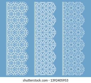 Vector set of line borders with geometric repeating texture. Isolated design elements for page decoration, headline, banners, wedding invitation cards. Fashion white lace collection