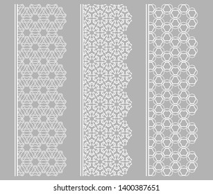 Vector set of line borders with geometric repeating texture. Isolated design elements for page decoration, headline, banners, wedding invitation cards. Fashion white lace collection
