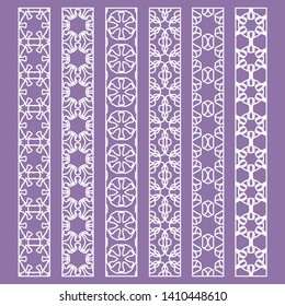 Vector set of line borders with geometric repeating texture. Isolated design elements for page decoration, headline, banners, wedding invitation cards. Fashion white lace collection