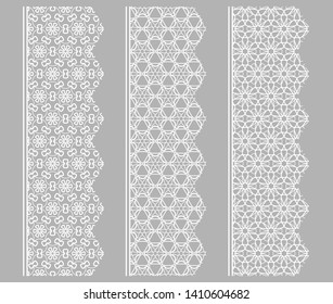 Vector set of line borders with geometric repeating texture. Isolated design elements for page decoration, headline, banners, wedding invitation cards. Fashion white lace collection