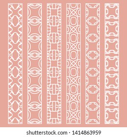 Vector set of line borders with geometric repeating texture. Isolated design elements for page decoration, headline, banners, wedding invitation cards. Fashion white lace collection