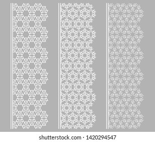 Vector set of line borders with geometric repeating texture. Isolated design elements for page decoration, headline, banners, wedding invitation cards. Fashion white lace collection