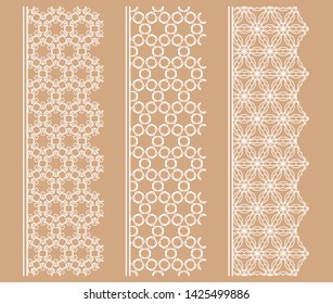 Vector set of line borders with geometric repeating texture. Isolated design elements for page decoration, headline, banners, wedding invitation cards. Fashion white lace collection