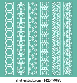 Vector set of line borders with geometric repeating texture. Isolated design elements for page decoration, headline, banners, wedding invitation cards. Fashion white lace collection