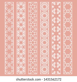 Vector set of line borders with geometric repeating texture. Isolated design elements for page decoration, headline, banners, wedding invitation cards. Fashion white lace collection