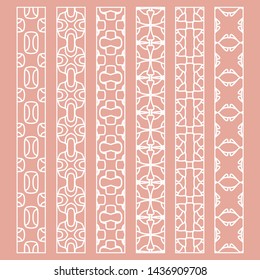 Vector set of line borders with geometric repeating texture. Isolated design elements for page decoration, headline, banners, wedding invitation cards. Fashion white lace collection