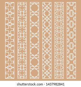 Vector set of line borders with geometric repeating texture. Isolated design elements for page decoration, headline, banners, wedding invitation cards. Fashion white lace collection