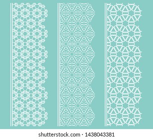 Vector set of line borders with geometric repeating texture. Isolated design elements for page decoration, headline, banners, wedding invitation cards. Fashion white lace collection
