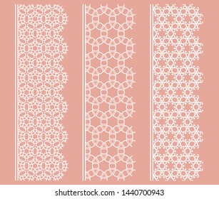 Vector set of line borders with geometric repeating texture. Isolated design elements for page decoration, headline, banners, wedding invitation cards. Fashion white lace collection
