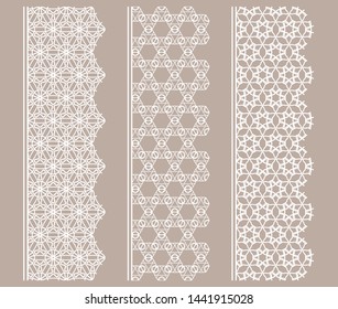 Vector set of line borders with geometric repeating texture. Isolated design elements for page decoration, headline, banners, wedding invitation cards. Fashion white lace collection