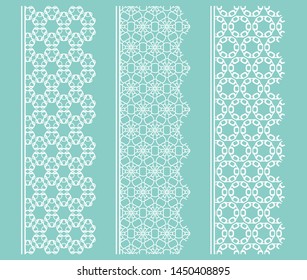 Vector set of line borders with geometric repeating texture. Isolated design elements for page decoration, headline, banners, wedding invitation cards. Fashion white lace collection