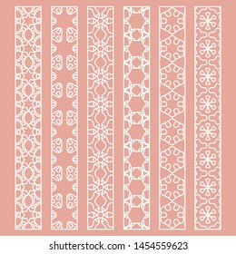 Vector set of line borders with geometric repeating texture. Isolated design elements for page decoration, headline, banners, wedding invitation cards. Fashion white lace collection