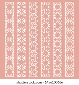 Vector set of line borders with geometric repeating texture. Isolated design elements for page decoration, headline, banners, wedding invitation cards. Fashion white lace collection