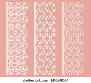 Vector set of line borders with geometric repeating texture. Isolated design elements for page decoration, headline, banners, wedding invitation cards. Fashion white lace collection