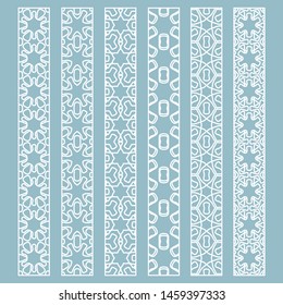 Vector set of line borders with geometric repeating texture. Isolated design elements for page decoration, headline, banners, wedding invitation cards. Fashion white lace collection