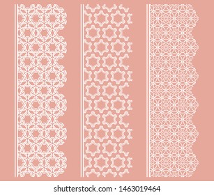Vector set of line borders with geometric repeating texture. Isolated design elements for page decoration, headline, banners, wedding invitation cards. Fashion white lace collection
