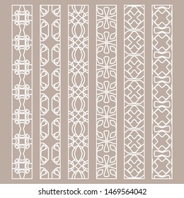 Vector set of line borders with geometric repeating texture. Isolated design elements for page decoration, headline, banners, wedding invitation cards. Fashion white lace collection
