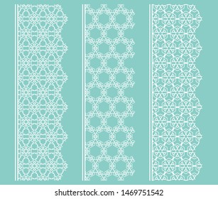 Vector set of line borders with geometric repeating texture. Isolated design elements for page decoration, headline, banners, wedding invitation cards. Fashion white lace collection