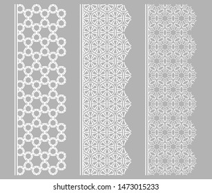 Vector set of line borders with geometric repeating texture. Isolated design elements for page decoration, headline, banners, wedding invitation cards. Fashion white lace collection