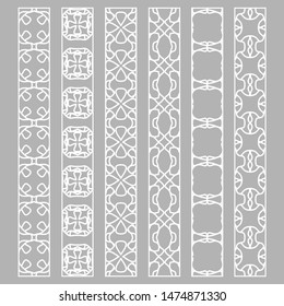 Vector set of line borders with geometric repeating texture. Isolated design elements for page decoration, headline, banners, wedding invitation cards. Fashion white lace collection