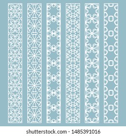 Vector set of line borders with geometric repeating texture. Isolated design elements for page decoration, headline, banners, wedding invitation cards. Fashion white lace collection