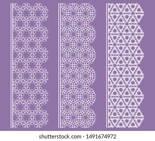 Vector set of line borders with geometric repeating texture. Isolated design elements for page decoration, headline, banners, wedding invitation cards. Fashion white lace collection