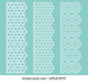 Vector set of line borders with geometric repeating texture. Isolated design elements for page decoration, headline, banners, wedding invitation cards. Fashion white lace collection