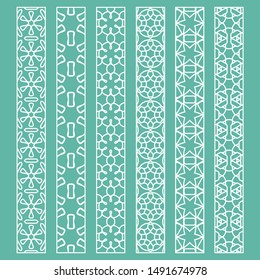 Vector set of line borders with geometric repeating texture. Isolated design elements for page decoration, headline, banners, wedding invitation cards. Fashion white lace collection