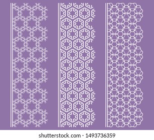 Vector set of line borders with geometric repeating texture. Isolated design elements for page decoration, headline, banners, wedding invitation cards. Fashion white lace collection