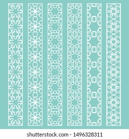 Vector set of line borders with geometric repeating texture. Isolated design elements for page decoration, headline, banners, wedding invitation cards. Fashion white lace collection