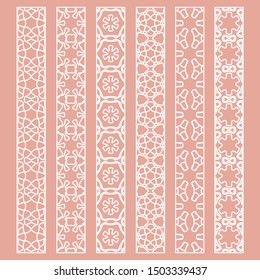 Vector set of line borders with geometric repeating texture. Isolated design elements for page decoration, headline, banners, wedding invitation cards. Fashion white lace collection