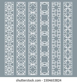 Vector set of line borders with geometric repeating texture. Isolated design elements for page decoration, headline, banners, wedding invitation cards. Fashion white lace collection