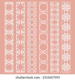 Vector set of line borders with geometric repeating texture. Isolated design elements for page decoration, headline, banners, wedding invitation cards. Fashion white lace collection