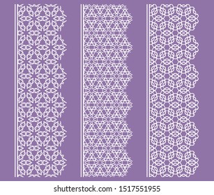 Vector set of line borders with geometric repeating texture. Isolated design elements for page decoration, headline, banners, wedding invitation cards. Fashion white lace collection