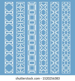 Vector set of line borders with geometric repeating texture. Isolated design elements for page decoration, headline, banners, wedding invitation cards. Fashion white lace collection