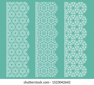 Vector set of line borders with geometric repeating texture. Isolated design elements for page decoration, headline, banners, wedding invitation cards. Fashion white lace collection