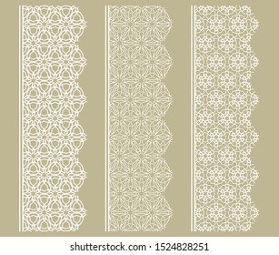 Vector set of line borders with geometric repeating texture. Isolated design elements for page decoration, headline, banners, wedding invitation cards. Fashion white lace collection