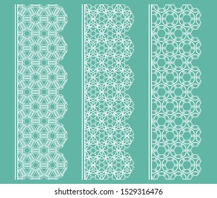 Vector set of line borders with geometric repeating texture. Isolated design elements for page decoration, headline, banners, wedding invitation cards. Fashion white lace collection