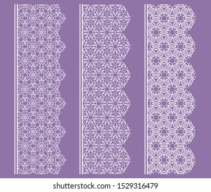 Vector set of line borders with geometric repeating texture. Isolated design elements for page decoration, headline, banners, wedding invitation cards. Fashion white lace collection